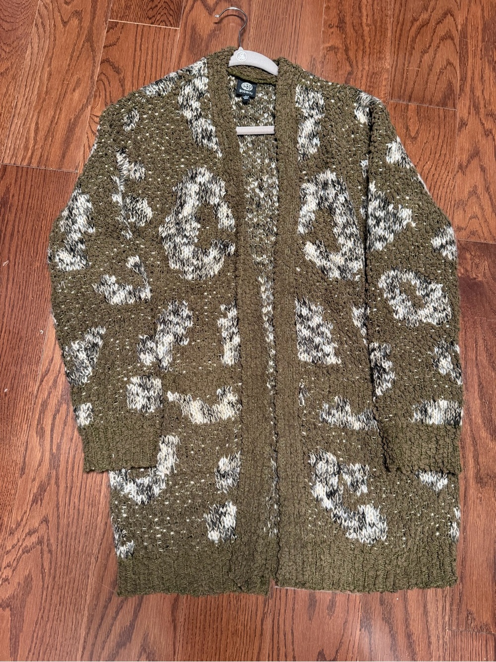 bobeau Olive Green Knit Leopard-Pattern Open Cardigan